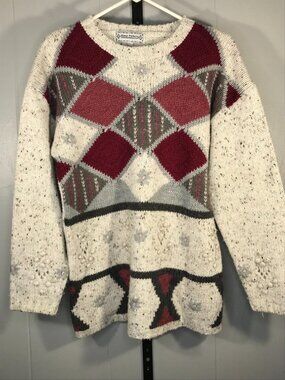 Vintage Gina Peter’s Wool Blend Sweater Flower Argyle Cottage 80s 90s 3D sz LG